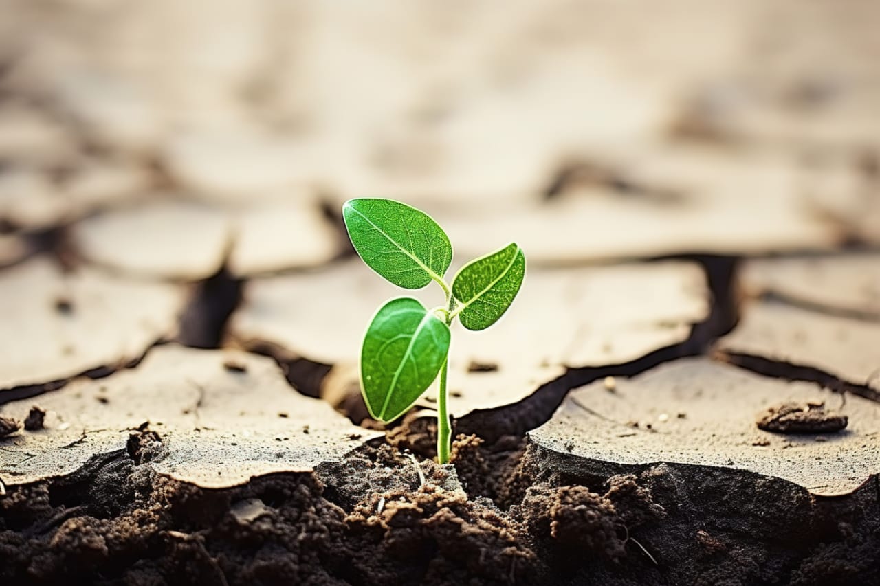 A young plant growing from dry soil